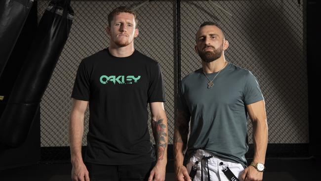 Jamie Mullarkey and UFC champion Alex Volkanovski have turned from foes to friends. Picture: NCA NewsWire / Simon Bullard