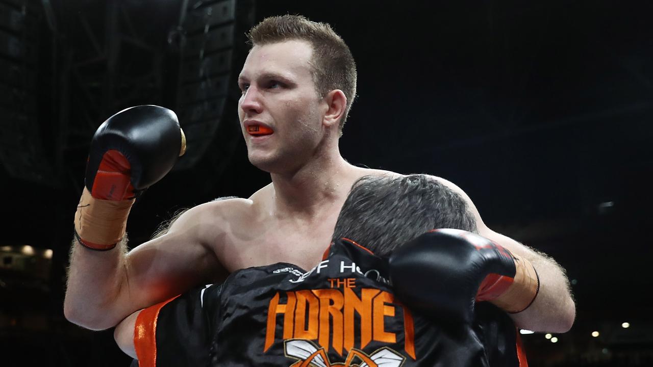 Jeff Horn celebrates winning against Anthony Mundine. (Photo by Chris Hyde/Getty Images)