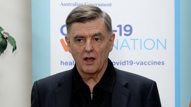 Brendan Murphy concedes Scott Morrison’s October target for the full rollout of the vaccine program is in jeopardy. Picture: Andrew Henshaw