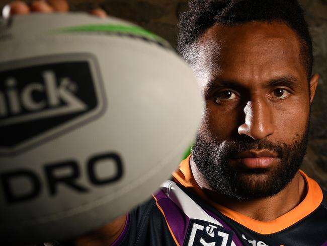 Justin Olam of the Melbourne Storm poses for a photograph during a media call in Melbourne, Tuesday, September 24, 2019. The Storm take on the Roosters this Saturday in the NRL Preliminary final. (AAP Image/James Ross) NO ARCHIVING