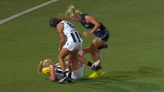 Collingwood's Sarah D'Arcy has been reported for kicking Carlton's Sarah Hosking.