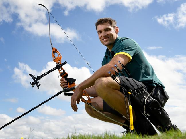 Archer David Barnes poses for a photograph during an announcement of Australia's Olympic archery team at the Archery Centre in Sydney, Saturday, March 7, 2020. (AAP Image/Bianca De Marchi) NO ARCHIVING