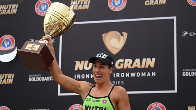 Lana Rogers holds after winning the 2023/24 Nutri-Grain Ironwoman Series.