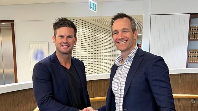 Outgoing Queensland Property Council president Luke Frazer (left) with incoming president Bradley Norris