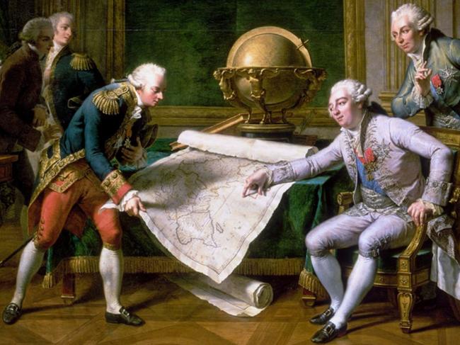 A late 18th-century painting depicting King Louis XVI, his hand resting on Australia, instructing explorer Lapérouse before his expedition south.