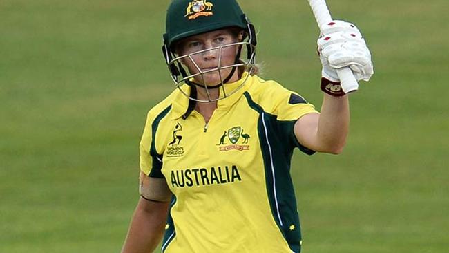 Meg Lanning of Australia celebrates her century against Sri Lanka. Picture: ICC