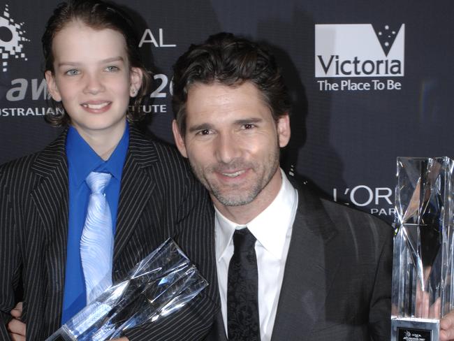 Started young ... Kodi Smit-McPhee and fellow AFI award winner Eric Bana in 2007 won for Romulus, My Father. Picture: Supplied