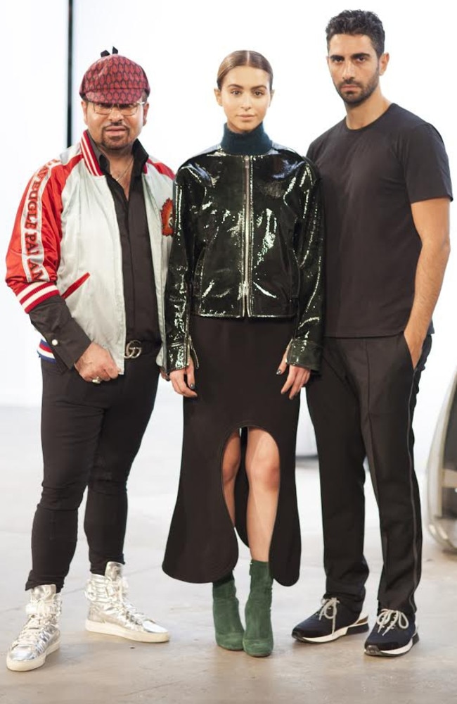 Napoleon Perdis and his daughter Lianna, who walked her very first fashion show, with designer Christopher Esber in New York. Picture: George Angelis