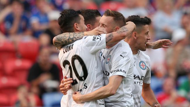 Adrian Luna (L) is congratulated by teammates for scoring against Newcastle. Picture: Getty