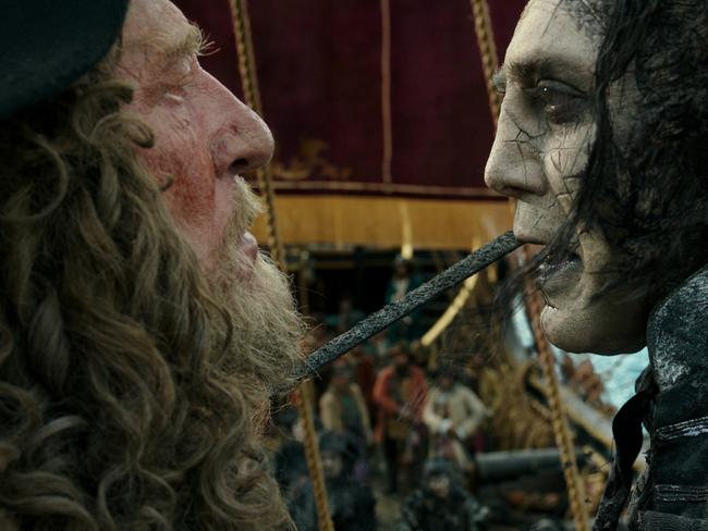 Rush’s Captain Barbossa squares off with the villainous Captain Salazar, played by fellow Oscar-winner Javier Bardem, in the fifth Pirates’ film, Dead Men Tell No Tales.