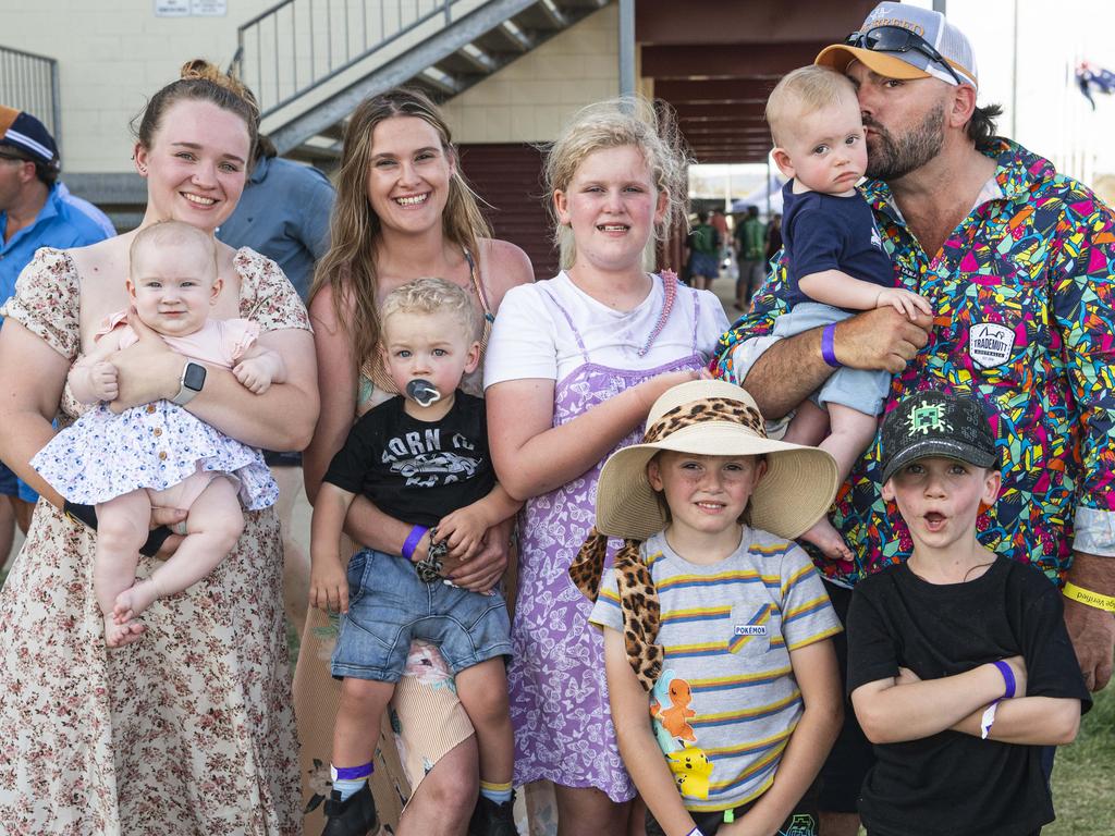 At Lights on the Hill Trucking Memorial are (from left) Tia Jones, baby Oakley Jones, Letasha MacKay, Hudson Jones, Skylah MacKay, Cater MacKay, Hunter MacKay, Scotto MacKay and Oliva Jones at Gatton Showgrounds, Saturday, October 5, 2024. Picture: Kevin Farmer