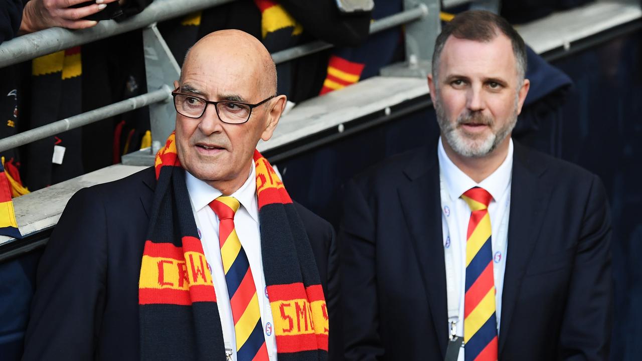 Adelaide Football Club chairman John Olsen (left) and chief executive during the round 22 AFL match between the Adelaide Crows and the North Melbourne Kangaroos at Adelaide Oval on August 13, 2022 in Adelaide, Australia. (Photo by Mark Brake/Getty Images)