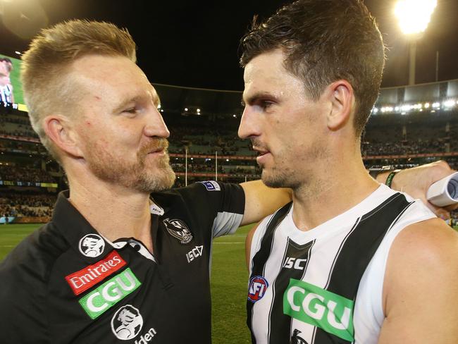 AFL 1st Preliminary Final. Richmond vs Collingwood at the MCG.  Collingwood coach Nathan Buckley hugs skipper Scott Pendlebury after tonights win  . Pic: Michael Klein