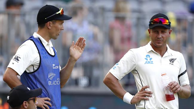 NZ paceman Trent Boult, left, was stuck on the sidelines for the Perth Test