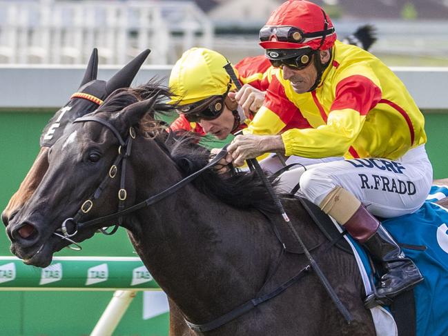 Robbie Fradd rides Pretty In Pink to win race 4, The SKY Racing Moreton Cup, during the Treasury Brisbane Ladies Oaks Day at Eagle Farm Racecourse in Brisbane, Saturday, June 1, 2019. (AAP Image/Glenn Hunt) NO ARCHIVING, EDITORIAL USE ONLY