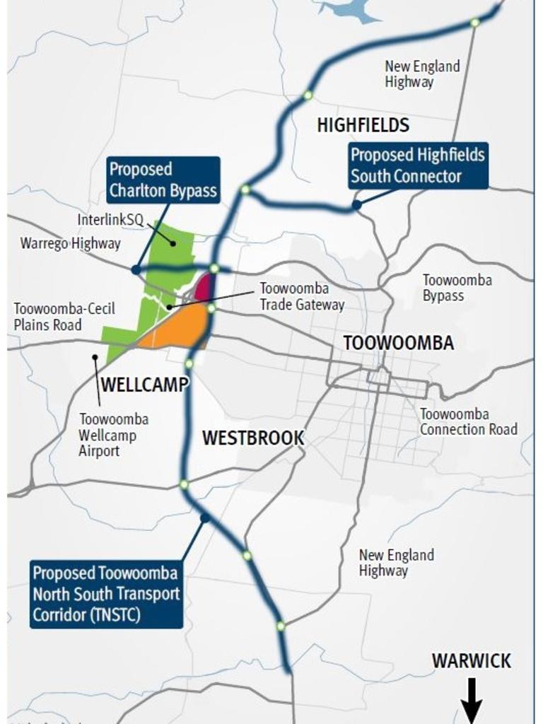 A map of the proposed Toowoomba North South Transport Corridor from the Queensland Department of Transport and Main Roads.