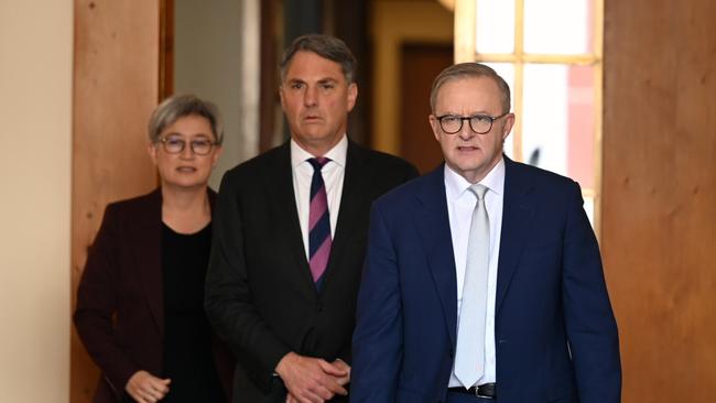 From left, Foreign Minister Penny Wong, Defence Minister Richard Marles and Anthony Albanese. Picture: NCA NewsWire / Martin Ollman