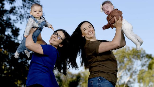 Celeste and Georgia with their babies Oliver and Charlotte. Picture: NCA NewsWire/Naomi Jellicoe