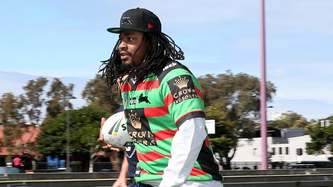 Former NFL star Marshawn Lynch visits the Rabbitohs at Redfern Oval. Picture: Stephen Cooper