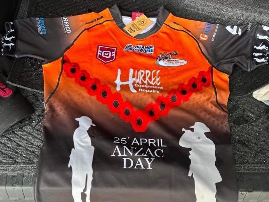 Wests Tigers Mackay 2024 Anzac Day jersey. 22 jerseys were stolen from the back of a coaches car. Picture: Supplied.