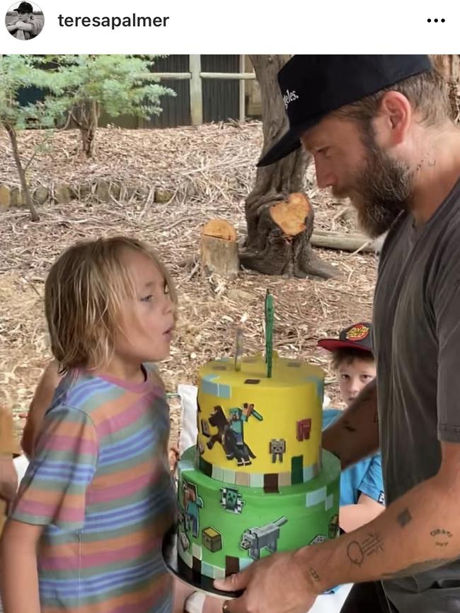 Teresa Palmer’s photo of son Bodhi and husband Mark Webber with his Small Delights birthday cake. Picture: Instagram