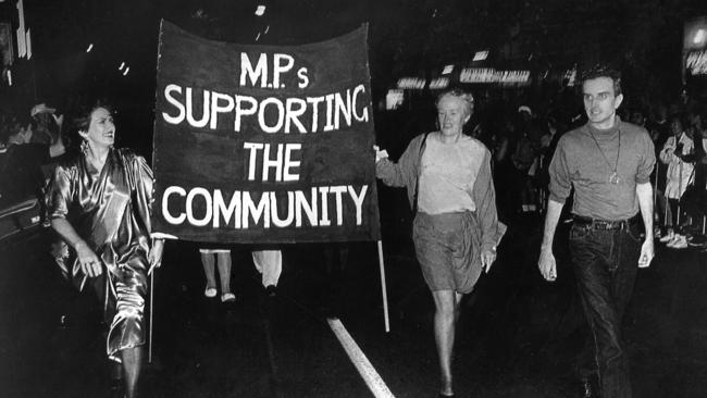 Clover Moore with NSW MP Paul O'Grady as they show their support at the 1993 Gay and Lesbian Mardi Gras in Sydney.