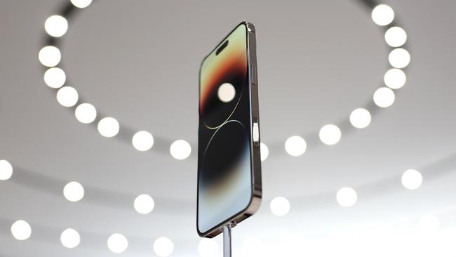 An iPhone 14 Pro is displayed at an Apple special event in Cupertino, California. Picture: Getty Images