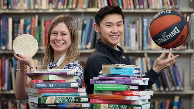 VCE story. Two students from Maribynong College, Yasmine Gousas 18 who is interested in archaeology and Winton Lou 18 who is into basketball umpiring hitting the text books ready for VCE exams.                   Picture: David Caird