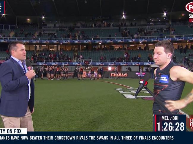 Luke Hodge interviews Toby Greene. Photo: Kayo.