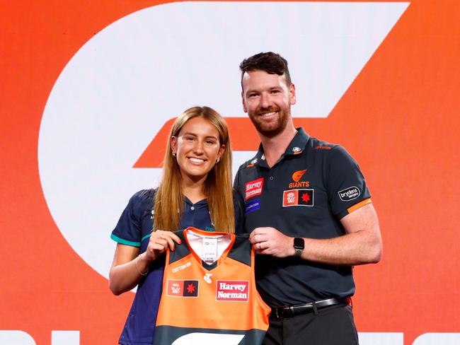 Kaitlyn Srhoj after being taken by the Giants. Picture: Dylan Burns/AFL Photos via Getty Images