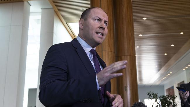 Treasurer Josh Frydenberg responding to questions about the IMF’s predictions for the Australian economy at a press conference at Parliament House. Picture: Gary Ramage