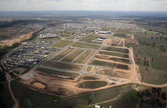 An aerial image of construction in Oran Park in January. Picture: Jonathan Ng.