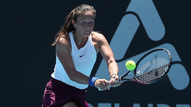 Daria Kasatkina plays a backhand to Belinda Bencic during day two of the 2020 Adelaide International at Memorial Drive. Picture: Paul Kane/Getty Images