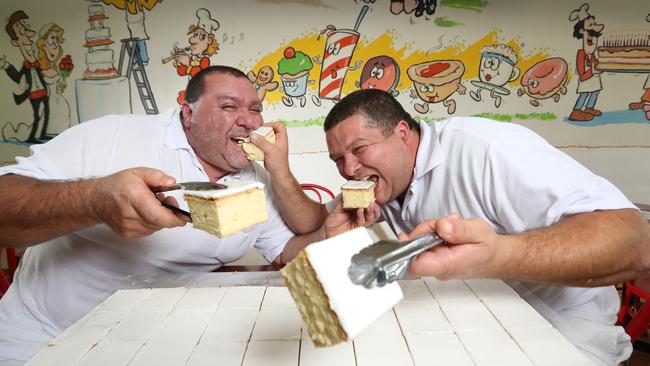 Whittlesea Bakehouse pastry cooks Michael Valenti and Adrian Caporetto with their award-winning vanilla slice. Picture: Alex Coppel.