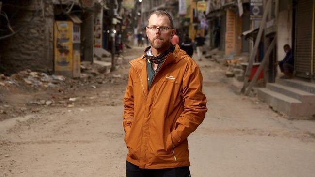 Journalist Paul Ashenden in empty streets of main tourist area Thamel, Kathmandu. Picture: Brad Fleet