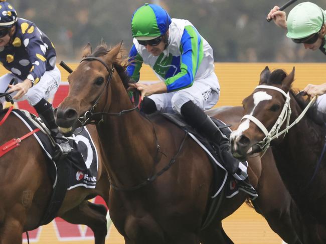 SYDNEY, AUSTRALIA - DECEMBER 04: Hugh Bowman on Waihaha Falls wins race 8 the Dooleys Handicap during Sydney Racing at Rosehill Gardens on December 04, 2021 in Sydney, Australia. (Photo by Mark Evans/Getty Images)
