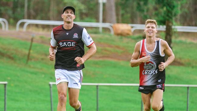 Geelong's 2-time premiership defender Harry Taylor (L) and teammate Jake McQueen at training for The Southern Districts Crocs ahead of his debut for Southern Districts against Wanderers on Saturday.Picture: Glenn Campbell