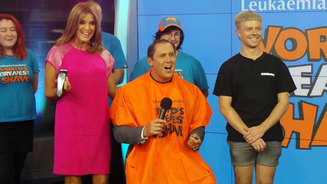 The Morning Show’s Larry Emdur and Kylie Gillies take part in the World's Greatest Shave. Picture: Supplied / Channel 7