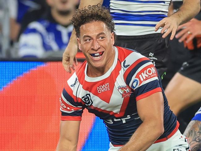 SYDNEY, AUSTRALIA - MAY 16: Mark Nawaqanitawase of the Roosters scores a try during the round eleven NRL match between Bulldogs and Roosters at Accor Stadium, on May 16, 2025, in Sydney, Australia. (Photo by Mark Evans/Getty Images)
