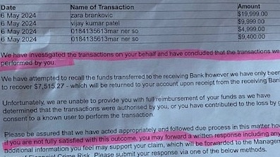 Letter from Bendigo Bank regarding the fraud. Picture: Supplied