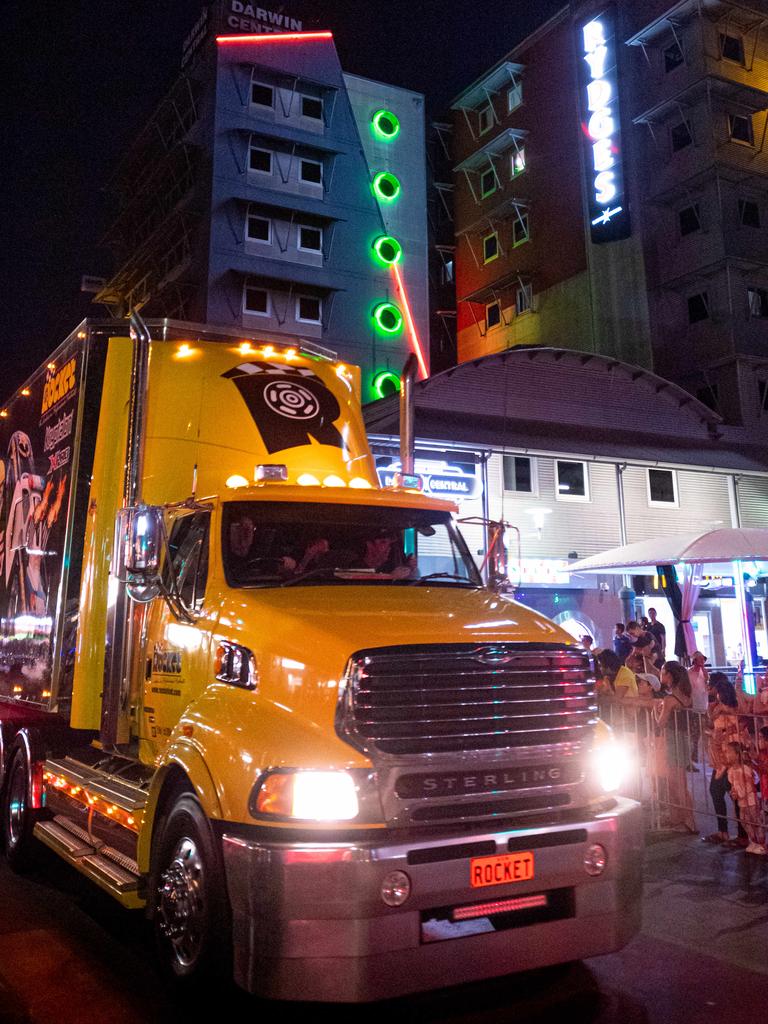 A convoy of trucks arrives in Darwin's CBD to announce the arrival of the Supercars for the round at Hidden Valley Raceway. Picture: Che Chorley