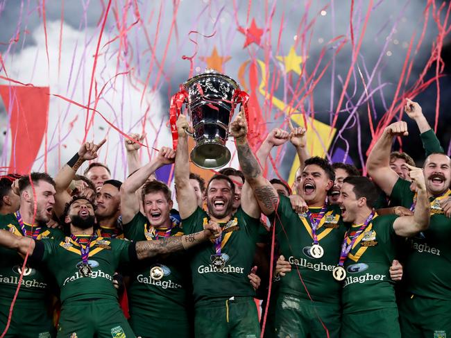Australia celebrates its World Cup victory over Samoa in 2022. Picture: George Wood/Getty Images