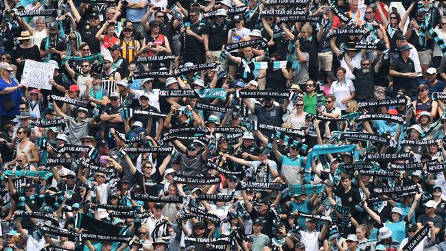 Port fans celebrate during the match against the Suns. Picture: AAP