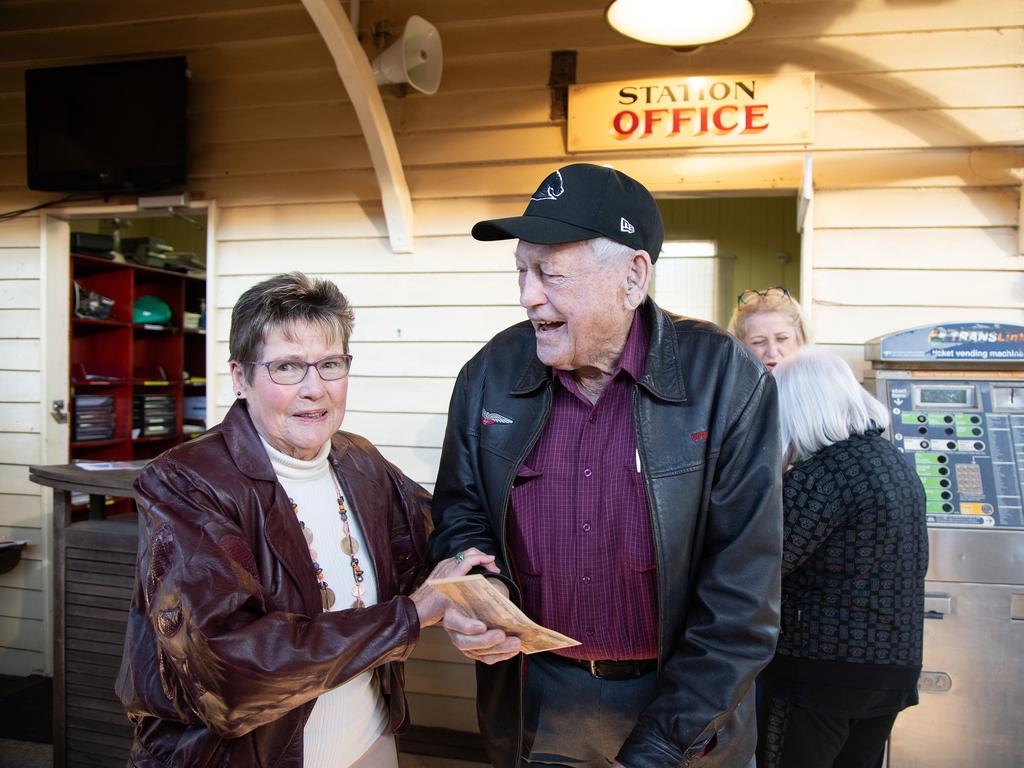 DownsSteam president Ros Scotney with Clive Berghofer before the inaugural trip for the restored "Pride of Toowoomba" steam train from Drayton to Wyreema. Saturday May 18th, 2024 Picture: Bev Lacey