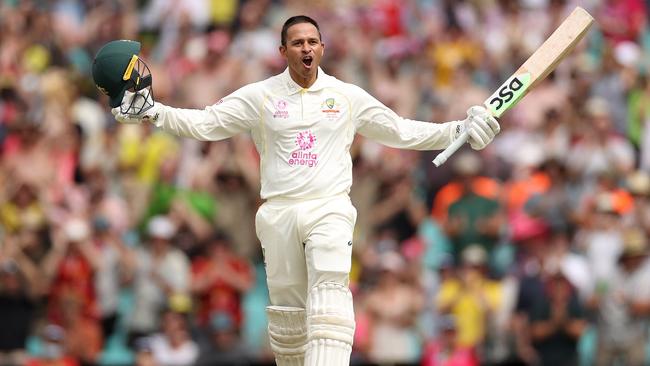 Usman Khawaja of Australia celebrates his century during day two of the Fourth Test Match in the Ashes series between Australia and England at Sydney Cricket Ground on January 06, 2022 in Sydney, Australia. Picture: Cameron Spencer/Getty Images