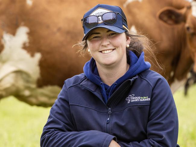 DAIRY: Dairy farmer Meg O'Loughlin Dairy farmer Meg O'Loughlin on farm at Wooreen with her Border Collie named Snap and her Kelpie named BusterPICTURED:  Dairy farmer Meg O'LoughlinPicture: Zoe Phillips