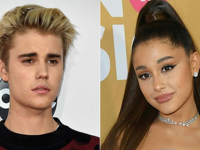 (COMBO) This combination of file pictures created on May 8, 2020 shows singer Justin Beiber (L) on November 22, 2015 in Los Angeles; and singer Ariana Grande on December 6, 2018, in New York City. - Grande and Bieber have teamed up for a duet to fundraise for the children of frontline workers fighting coronavirus. The pair, both of them 26, dropped "Stuck With U" early on May 8, 2020,, a typically bubblegum sweet ode to isolation with a significant other. (Photos by Valerie MACON and Angela Weiss / AFP)