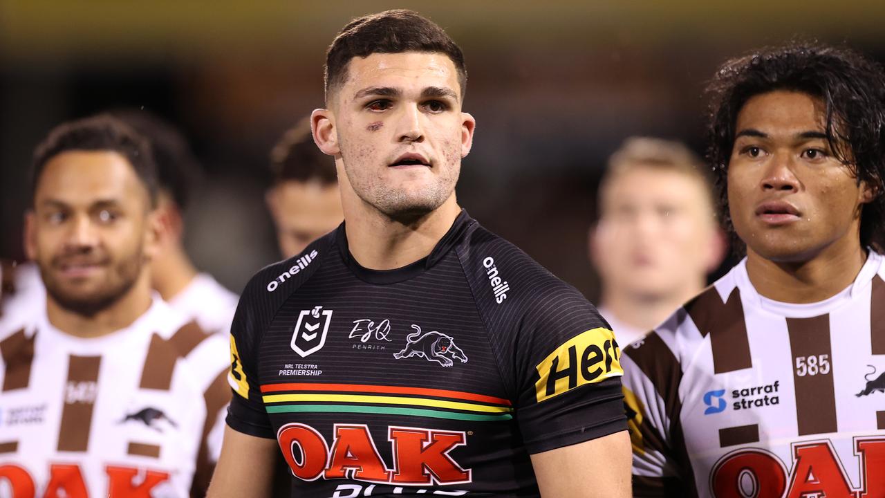 PENRITH, AUSTRALIA - JUNE 18: Nathan Cleary of the Penrith Panthers is seen during the warm up for the round 15 NRL match between the Penrith Panthers and the Sydney Roosters at Panthers Stadium, on June 18, 2021, in Penrith, Australia. (Photo by Mark Kolbe/Getty Images)