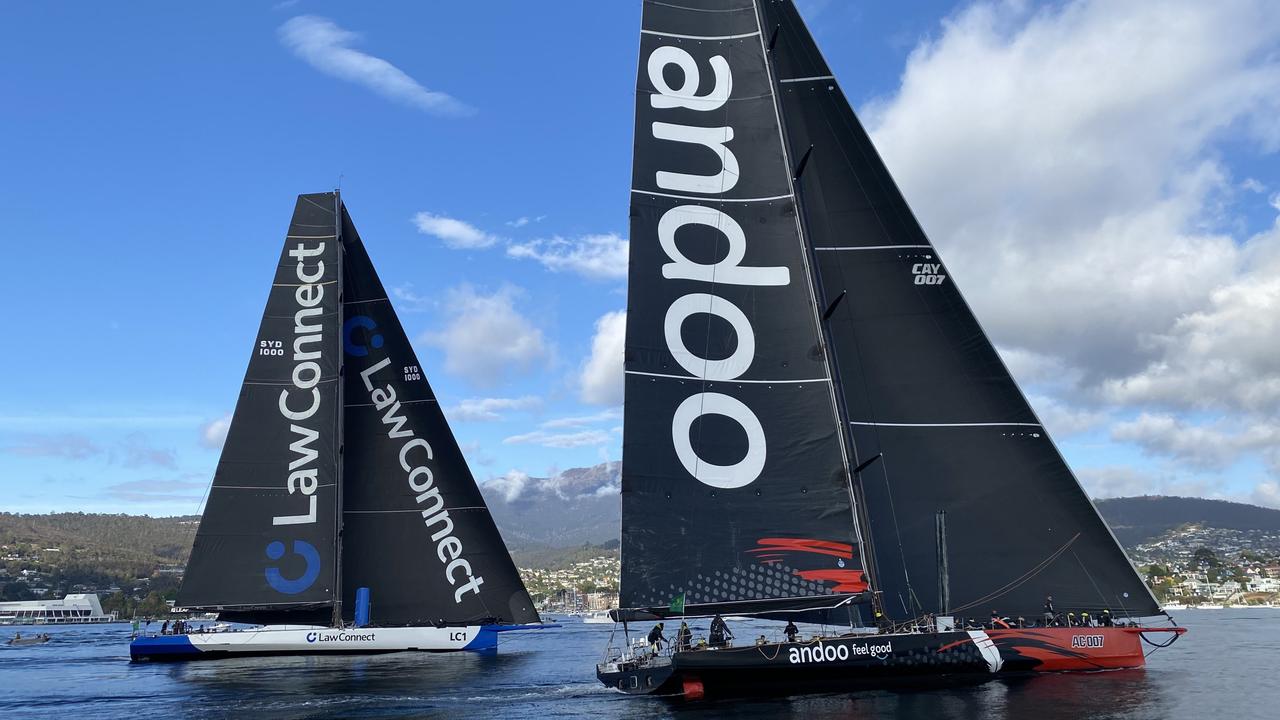 LawConnect and Andoo Comanche were neck and neck heading down the Derwent River. Picture: James Bresnehan