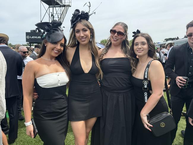 Lauren Petras, Zara Baldassarre, Abbie Wren and Ashlie Hines at Flemington for Derby Day on November 2, 2024. Picture: Phillippa Butt